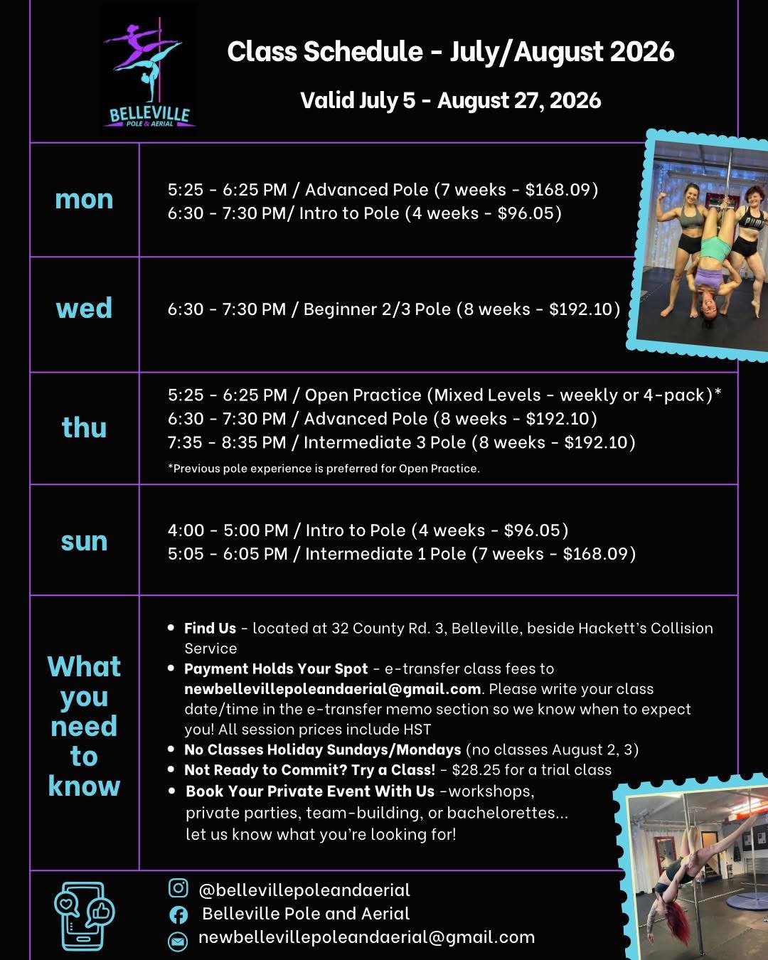 Belleville Pole and Aerial Schedule July August 2026